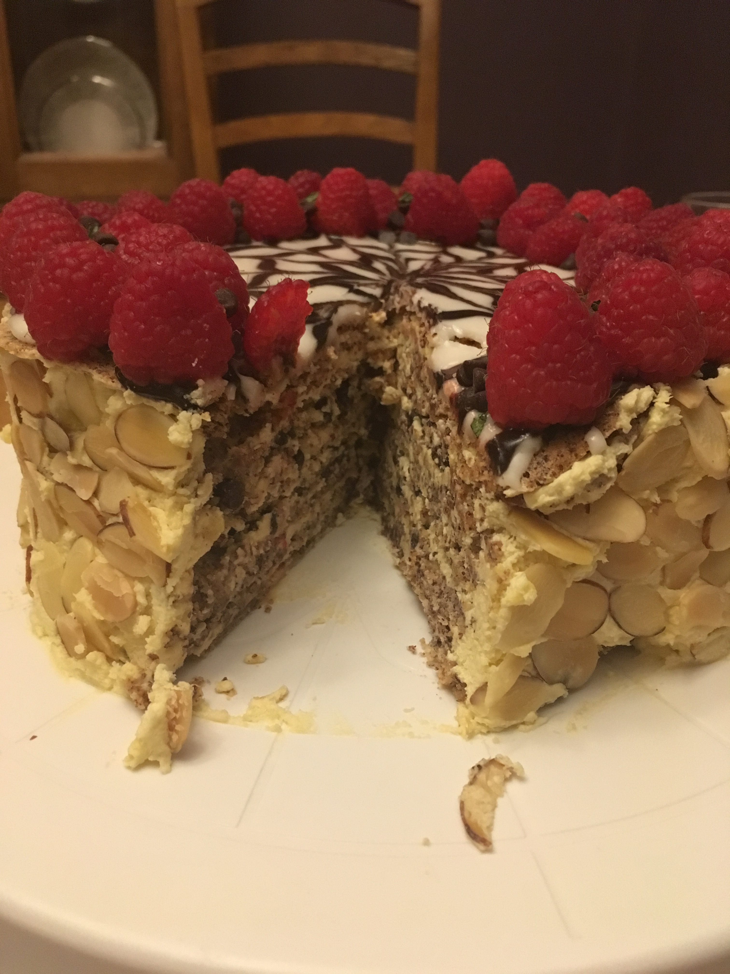 Esterhazy cake with slice taken out of it